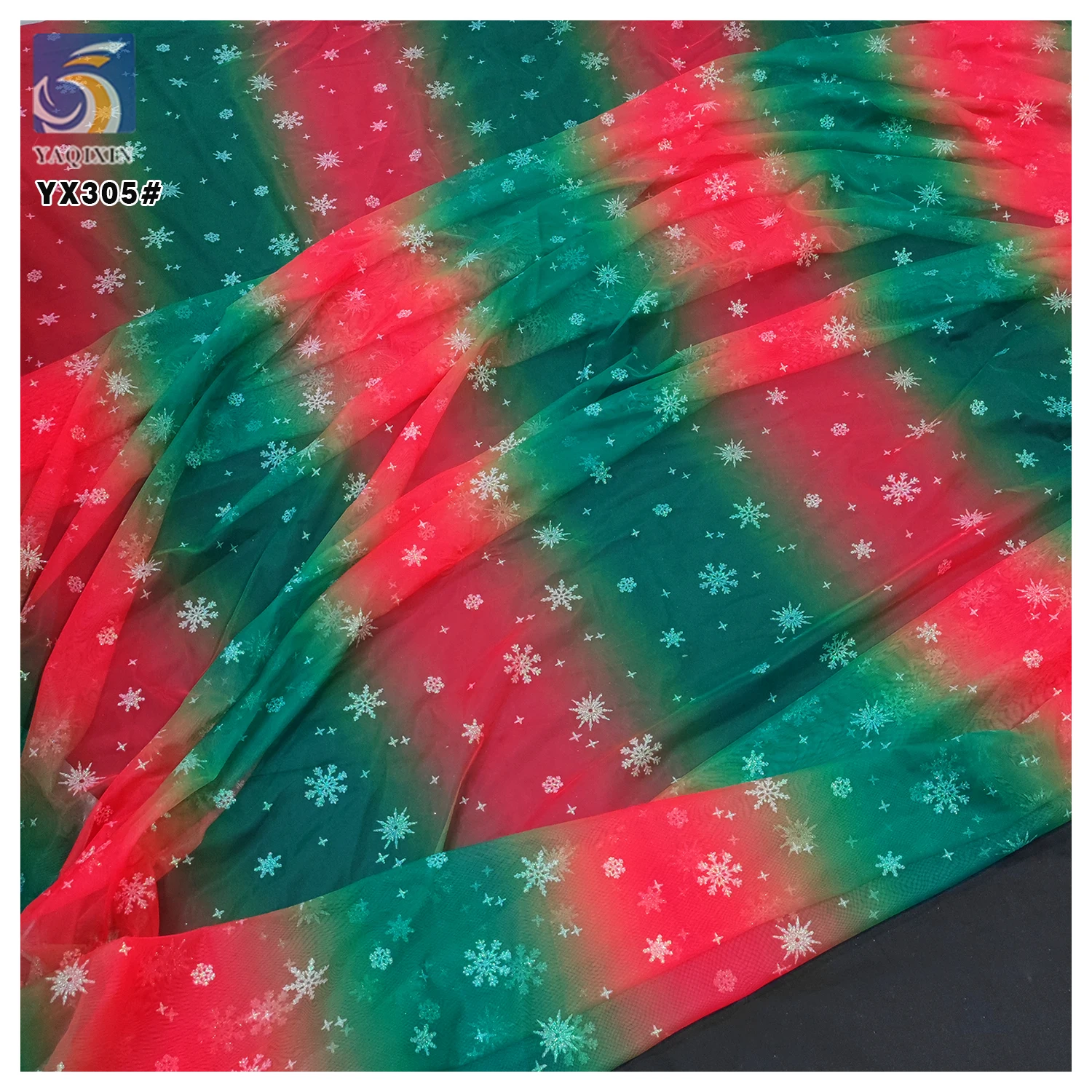 YX305-1 Non-shedding Glitter Rainbow Snowflakes Tulle Fabric Polyester Mesh Christmas Holiday Fabric for Kids - 图片 4