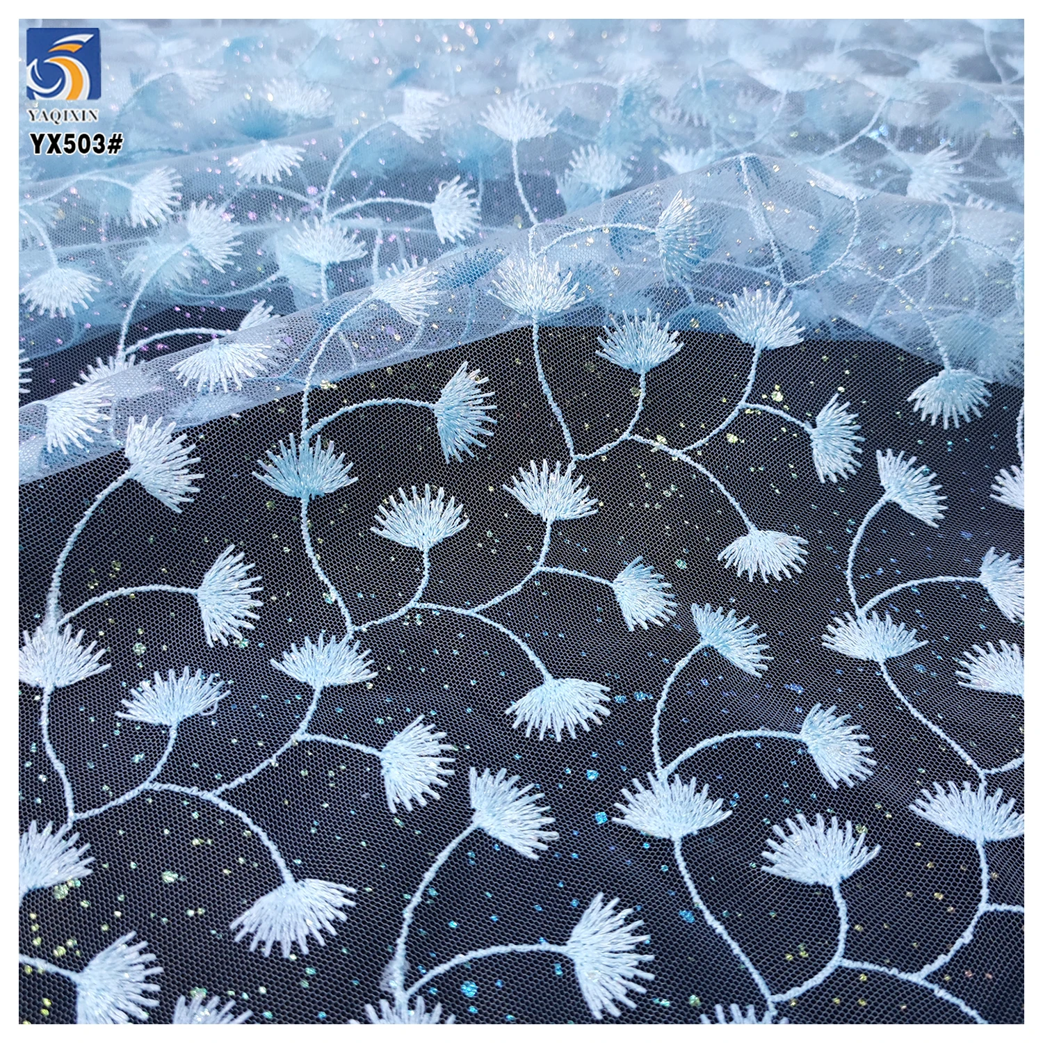 YX503 Custom Maple Leaf Pattern Polyester Embroidered Mesh Net Fabric With Gold Pink Sparkle Glitter - 图片 4