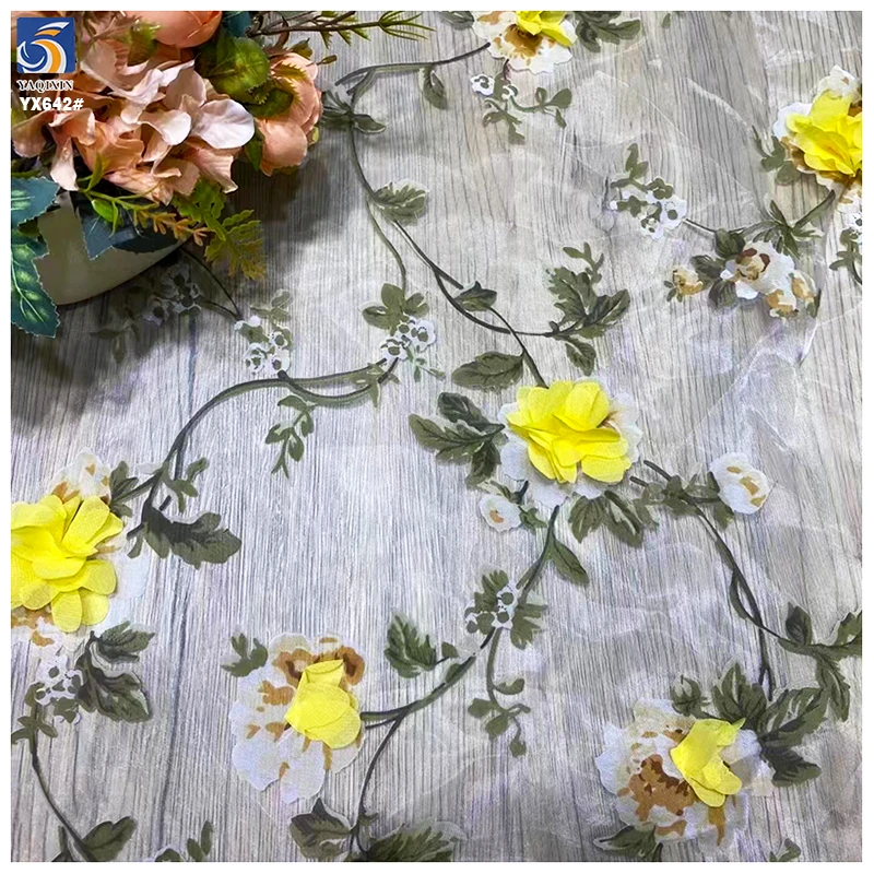 YX642 New Fashion Customized 3D Organza Fabric Flowers Embroidered Organza Fabric for Women's Long Skirt - 图片 4