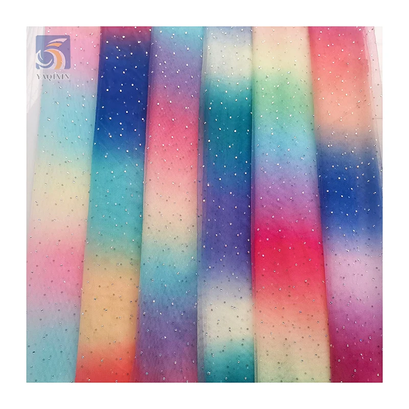 YX2691 Ready Stock Multi-Color Rainbow Digital Printing Ombre Rhinestone Tulle Fabric Mesh With 3D Beads - 图片 3
