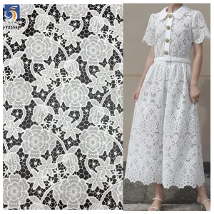 YX554 Wholesale Laser Embroidery Milk Silk Lace Fabric Woven Polyester White Net Floral Rose Lace Fabric