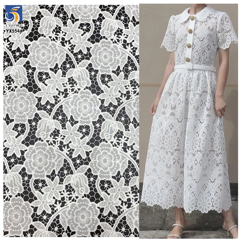 YX554 Wholesale Laser Embroidery Milk Silk Lace Fabric Woven Polyester White Net Floral Rose Lace Fabric