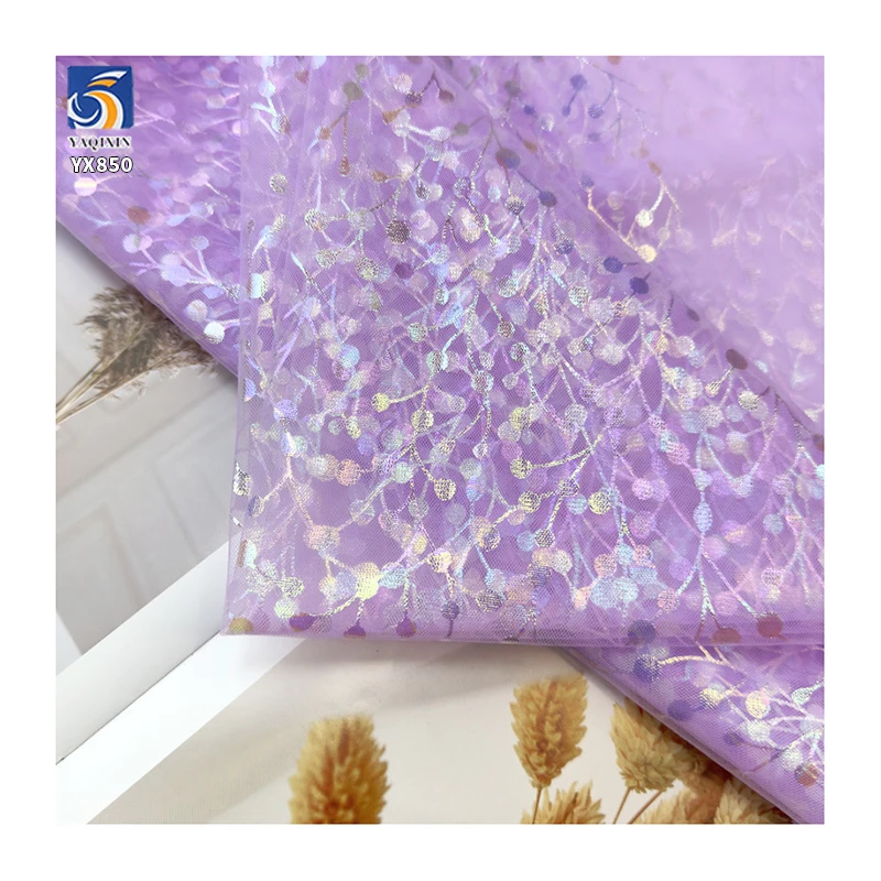 YX850 Weight 30gsm New Pattern Tulle Printing Fabric Cherry Glitter Foil Printing Mesh Tulle Fabrics for Girls Tutu Skirts - 图片 6