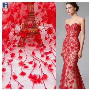 YX1261 Factory Wholesale 200gsm Red 3D Small Florals Embroidery Mesh Fabric 3D Floral Laser Embroidery French Tulle Fabric