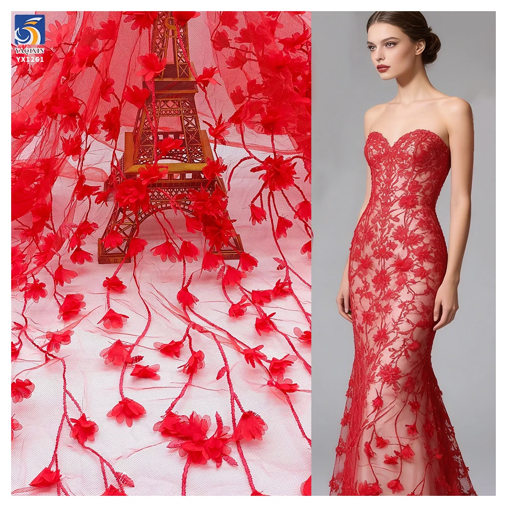 YX1261 Factory Wholesale 200gsm Red 3D Small Florals Embroidery Mesh Fabric 3D Floral Laser Embroidery French Tulle Fabric