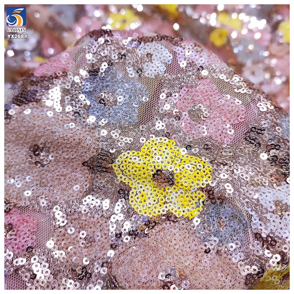 YX268 High-end 500gsm Flower Multicolor Heavyweight Embroidery Sequin Fabric for Clothing - 图片 5