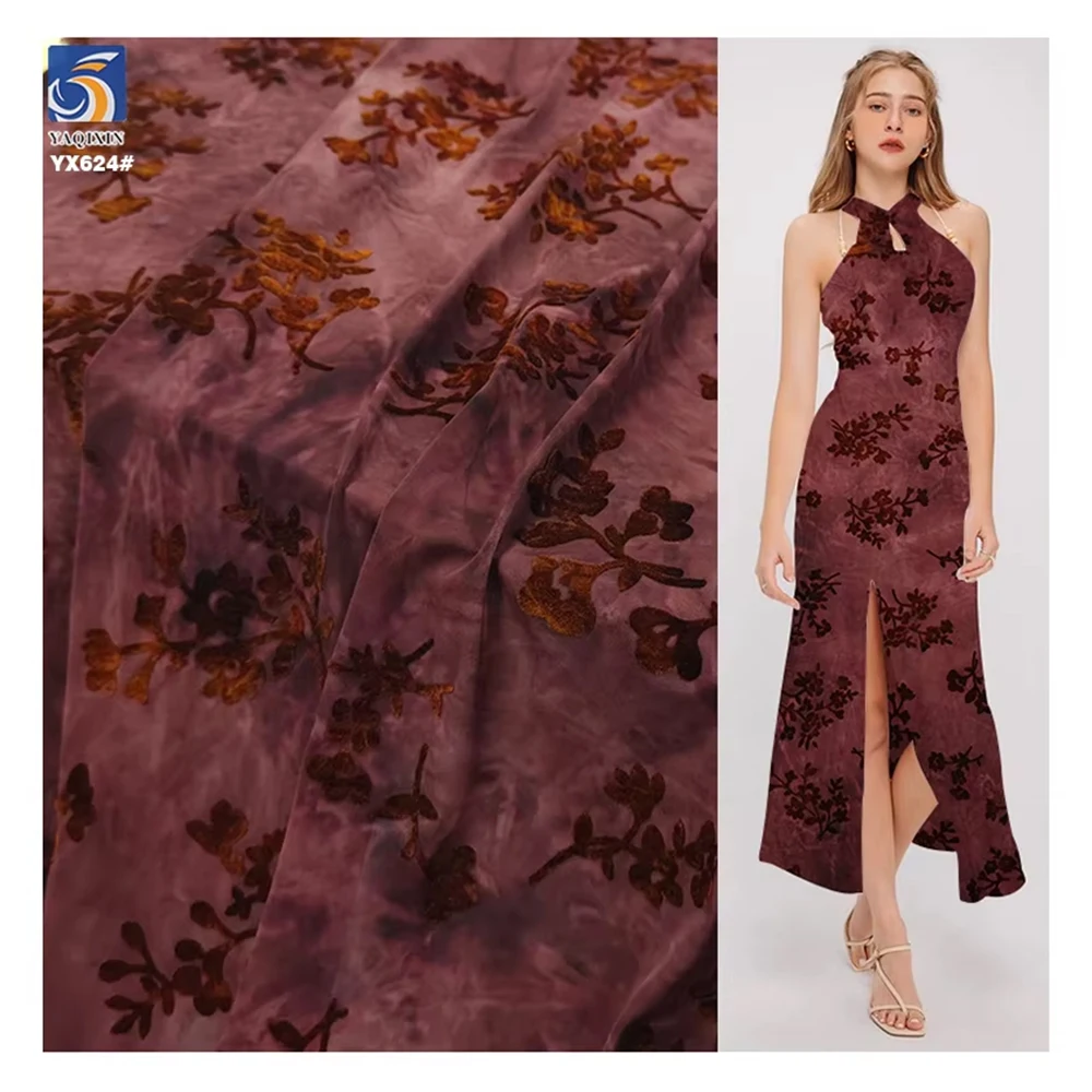 YX624 China Factory OEM Custom Burnout Stretch Knit Florals Polyester Fabric for Clothing Flocking Florals Fabric