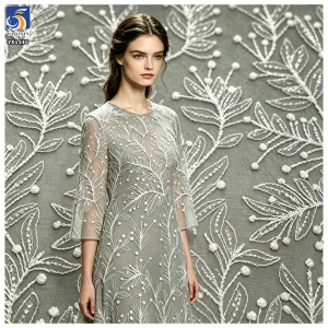 YX1517 Wholesale White Leaf Pattern Embroidered Tulle Fabric With 3mm Sequins for Gown Ladies Apparel