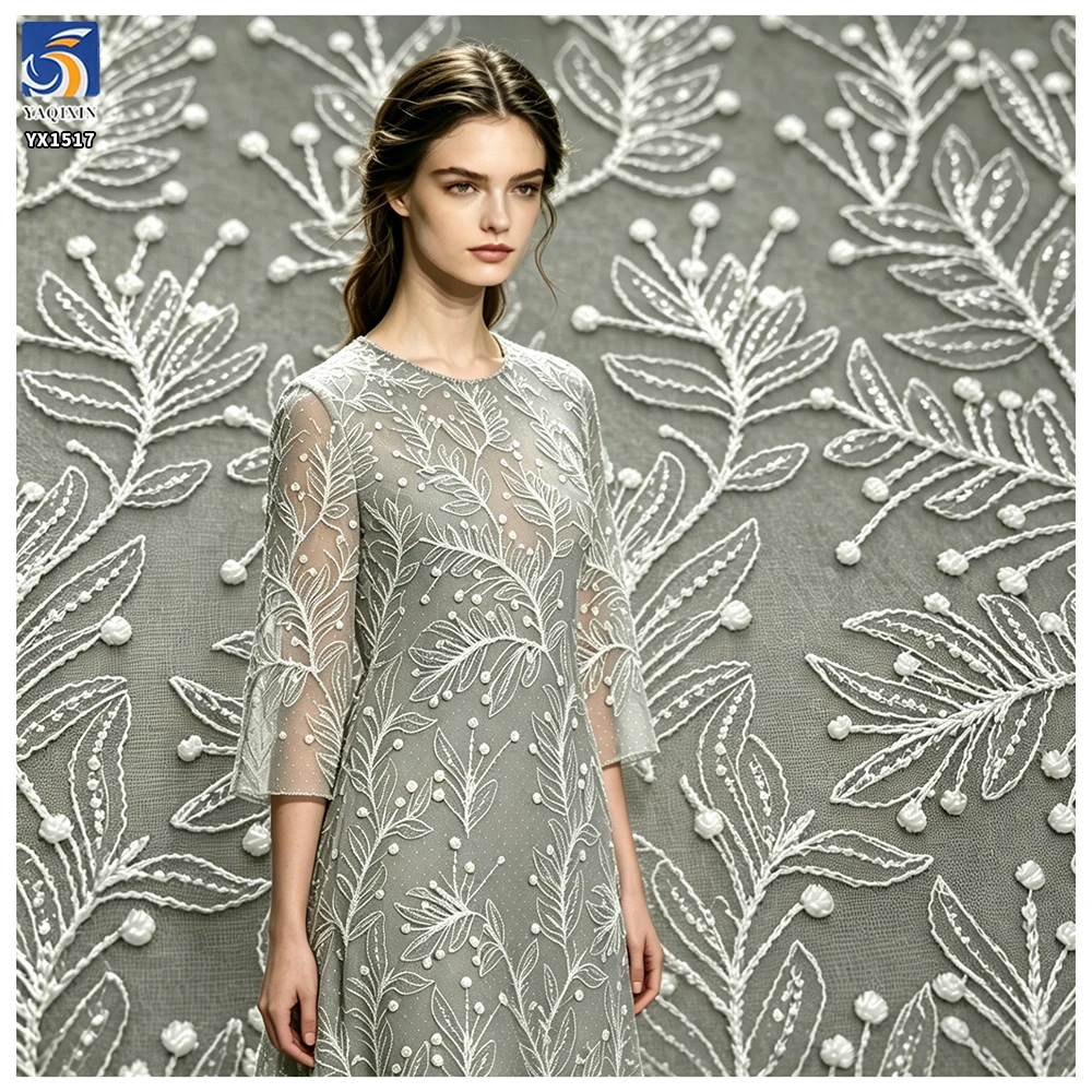 YX1517 Wholesale White Leaf Pattern Embroidered Tulle Fabric With 3mm Sequins for Gown Ladies Apparel