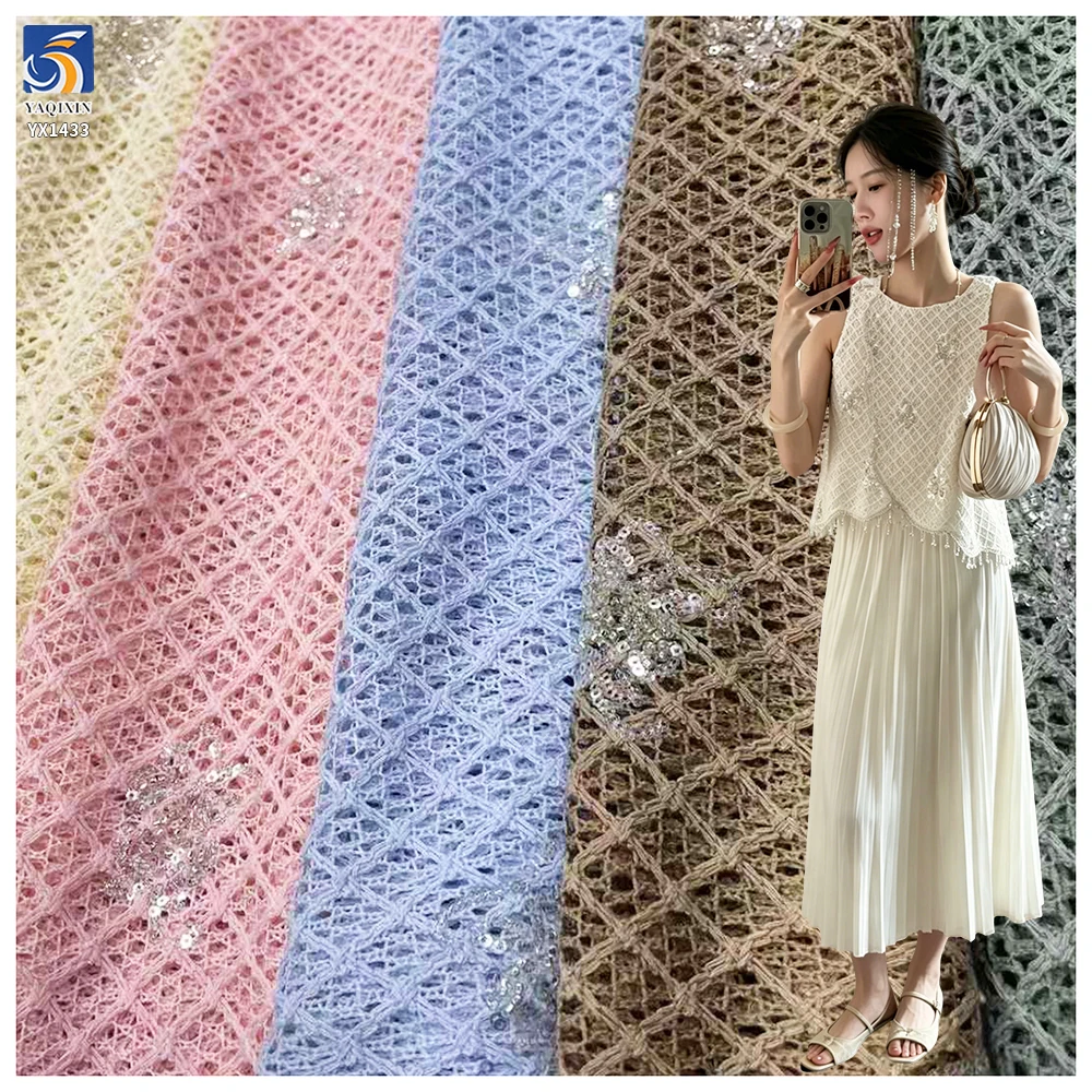 YX1433 2026 Fashion Women Blouse Dress Fabric Plaid 8mm Crystal Sequin Cord Embroidered Mesh Fabric 100 Polyester 130cm Textile