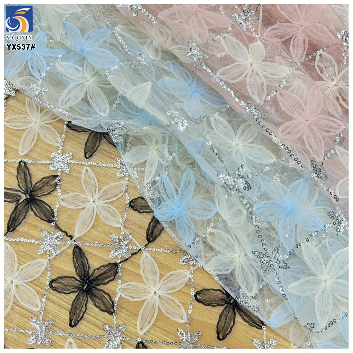 YX537 2025 Most Popular Overseas Embroidered Tulle Fabric Five-Petal Flower 3D Embroidery Tulle Fabric With Sequins - 图片 2