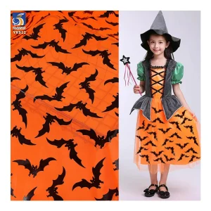 YX912 2026 New Design Black Bats Foil Print Mesh Tulle Orange Halloween Fabric Knitted Printing Halloween Mesh Fabric