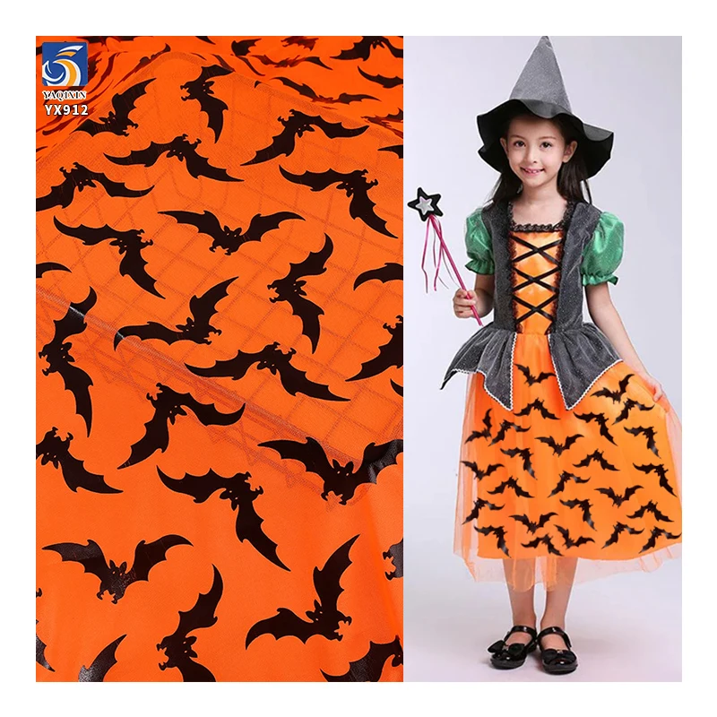 YX912 2026 New Design Black Bats Foil Print Mesh Tulle Orange Halloween Fabric Knitted Printing Halloween Mesh Fabric