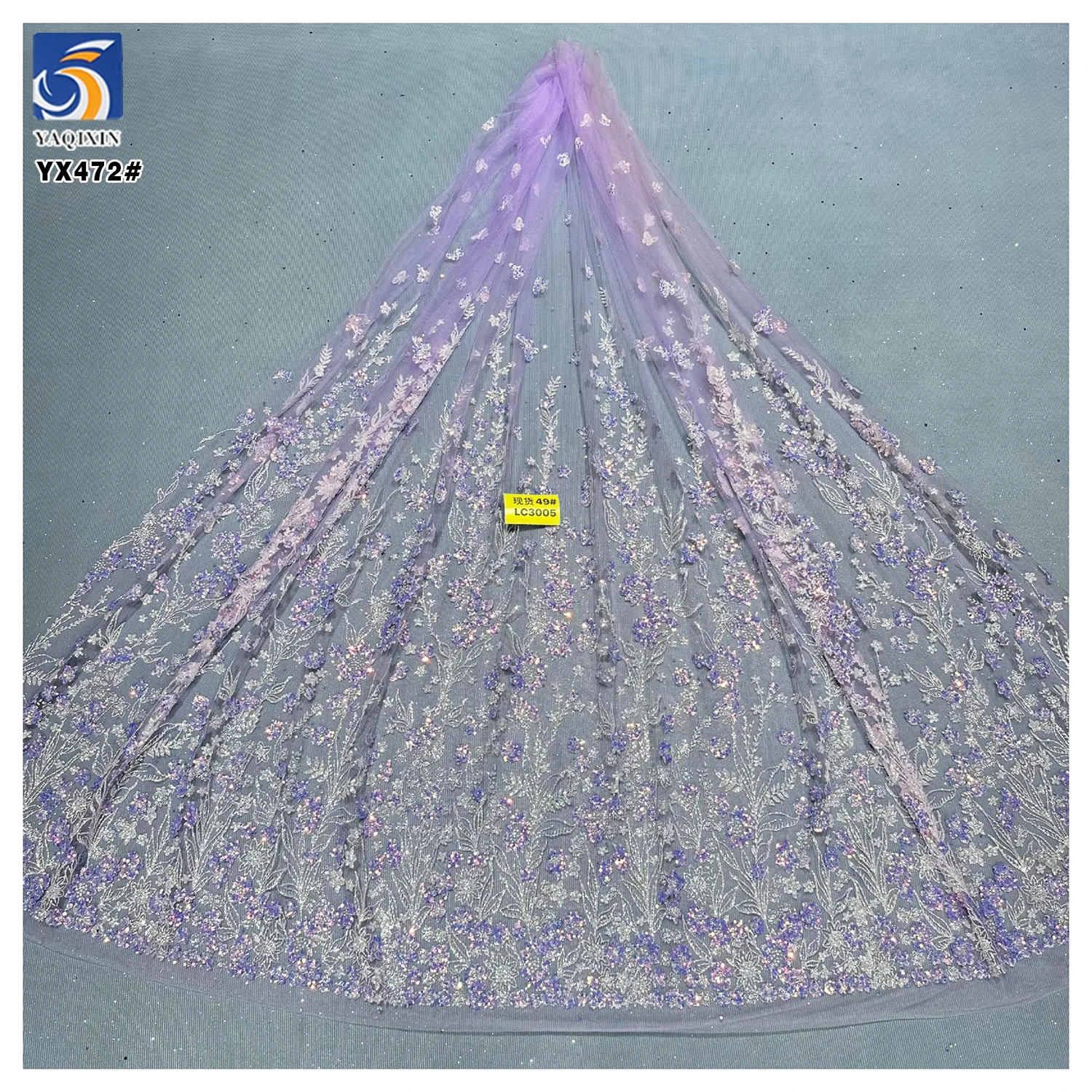 YX472 China New Design Shine Purple Sequined Embroidered Mesh Fabric Purple Floral Glittery Tulle Fabric - 图片 3