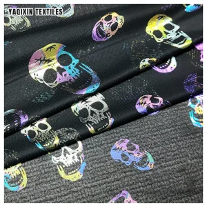 YX2259 Halloween Style Horror Skull Bone Pattern Colored Foil Printed Fabric Flash Glitter Tulle Mesh Knitted Polyester Fabric