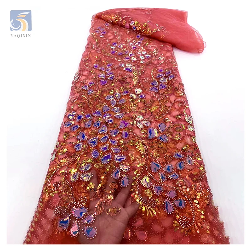2025 Latest Textile Colorful Crystal Sequins Luxury Lace Fabric Expensive Lace Fabric for Women Wedding Dress for Party - 图片 4