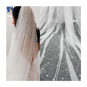 YX893-1 Online Wholesale 118 Inches 3D Beads Pearls Tulle Fabric Bridal 100 Polyester White 3D Mesh Fabric Wedding Tulle