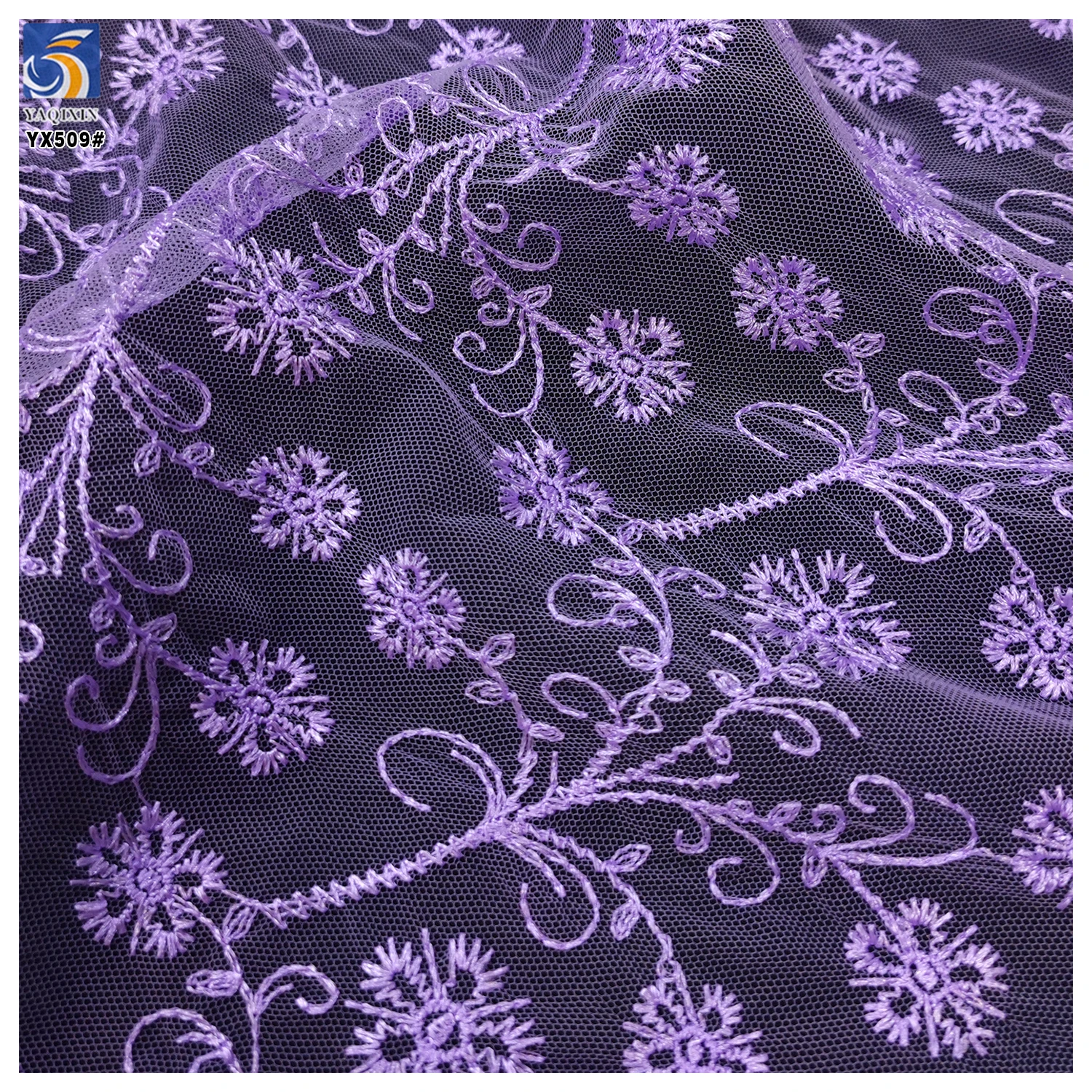 YX509 Chinese Designer 2025 Florals Soft Dark Purple Tulle Fabric for Catwalk Clothing Mesh Embroidery Fabric - 图片 6