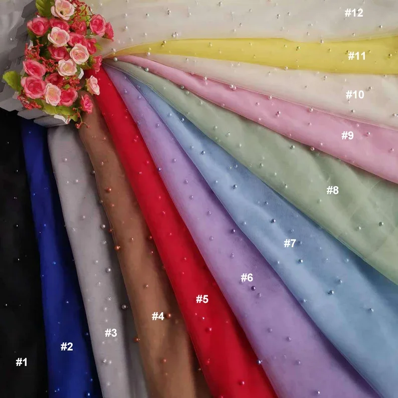 Wholesale White 3D Beaded Pearl Tulle Fabric for Wedding Dress/Veil - 图片 4