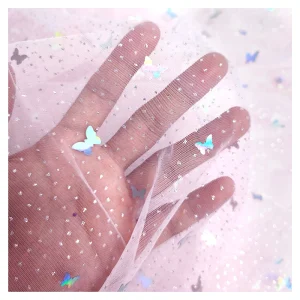 YX2092 YAQIXIN Design 2026 New Arrival Fabric Tulle Pink Shiny Metallic Butterfly Embroidery Sequin Lace Tulle Fabric