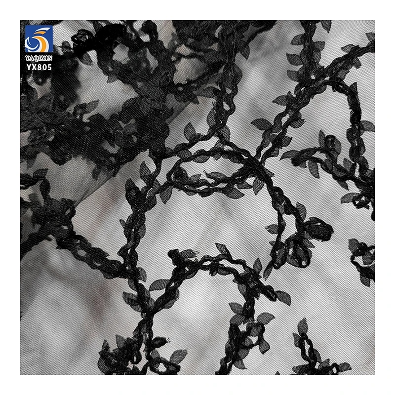 YX805 2025 New Arrivals 100 Polyester Knitted Swiss Mesh Milk Silk Lace Black Fabric Embroidery Floral Leaves Mesh Fabric - 图片 5