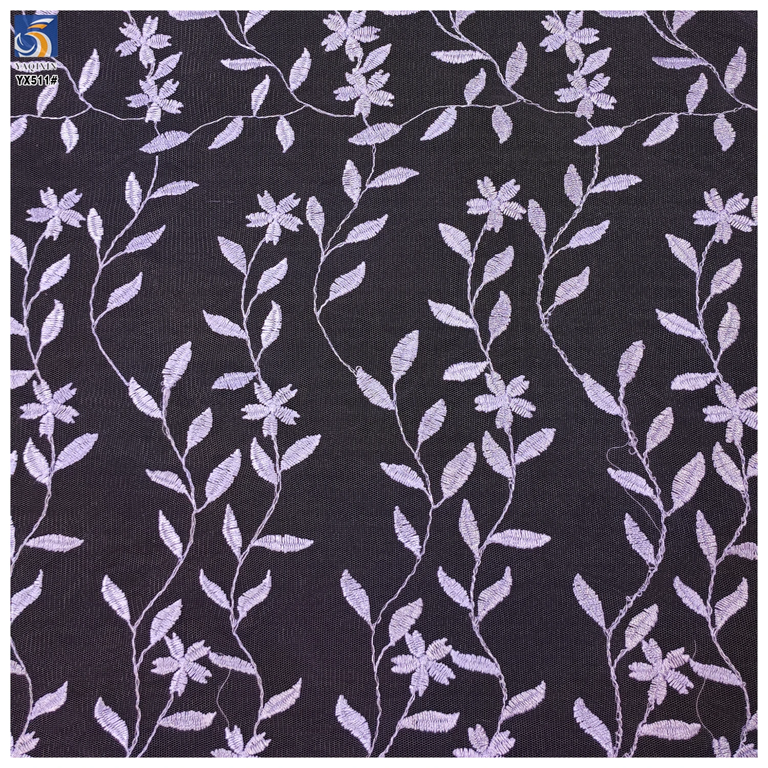 YX511 New Design Embroidery Fabric 2025 100% Polyester Leaf Pattern Embroidered Purple Tulle Mesh Fabric - 图片 6