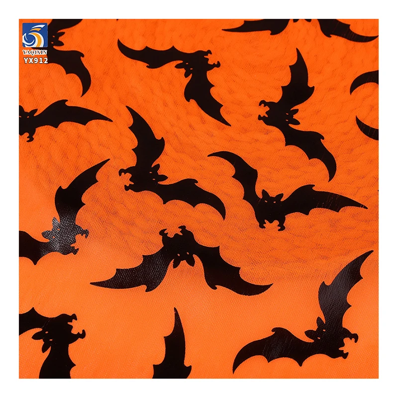 YX912 2026 New Design Black Bats Foil Print Mesh Tulle Orange Halloween Fabric Knitted Printing Halloween Mesh Fabric - 图片 4