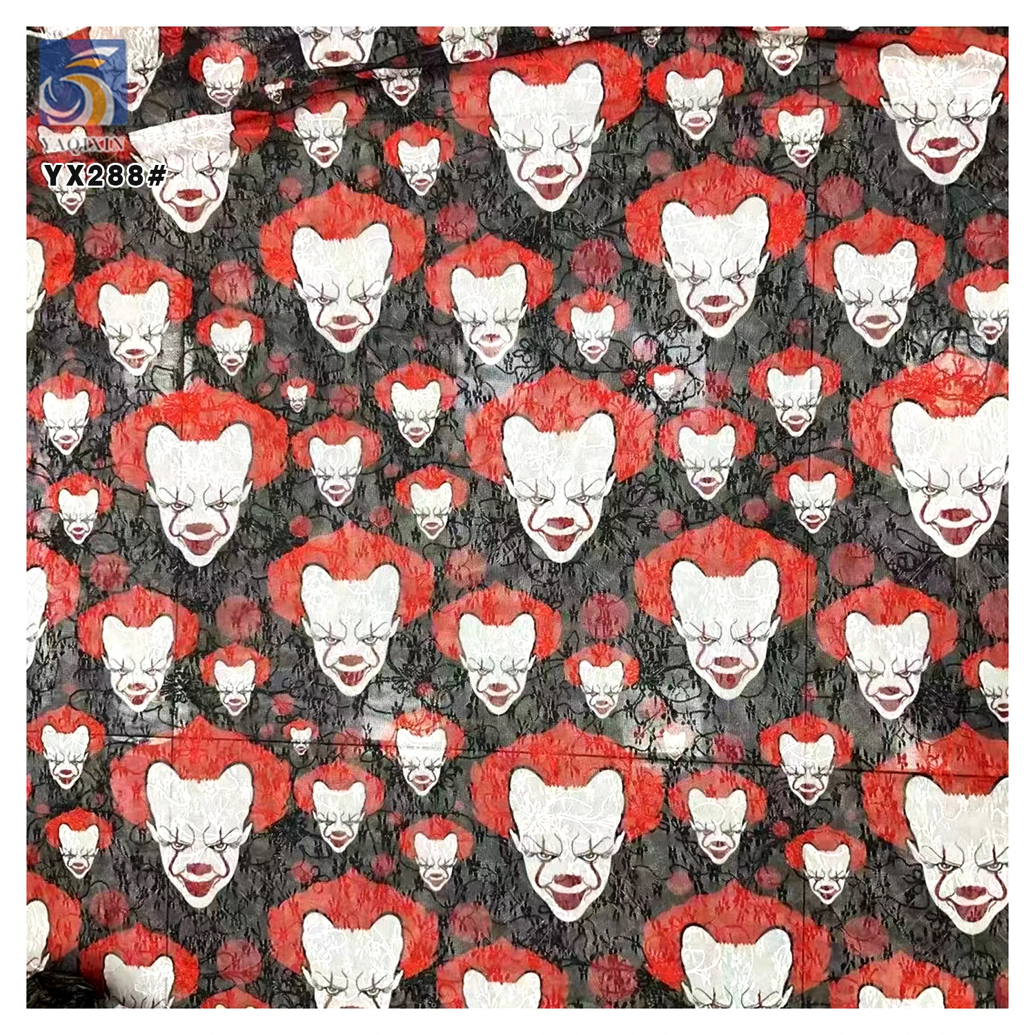 YX288 Novel and Unique Fabrics 100% Polyester Lace Sequin Print Halloween Clown Print Mesh Tulle Fabric - 图片 3