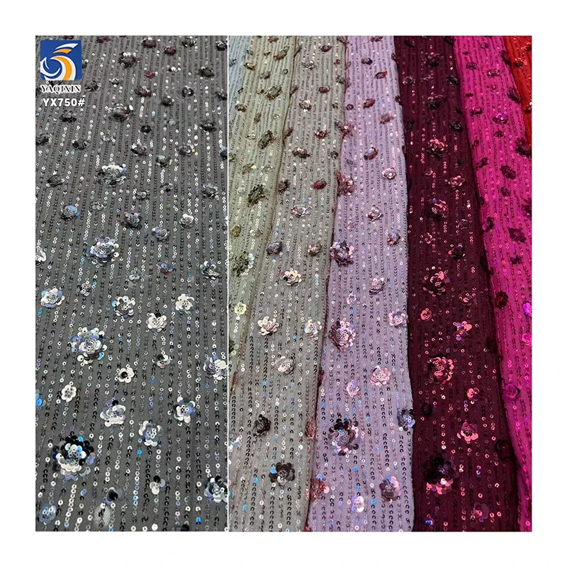 YX750 2026 Latest 3MM Elastic Mesh Sequin Flower Fabric 200gsm Rose Pattern Metallic Sequined Fabric for Skirts