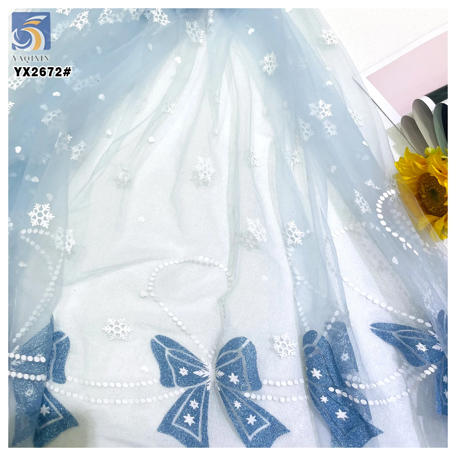 YX2672 New Design Frozen Princess Elsa Tulle Children Dress Fabric Azure Glitter Offset Printing Mesh Fabric - 图片 4