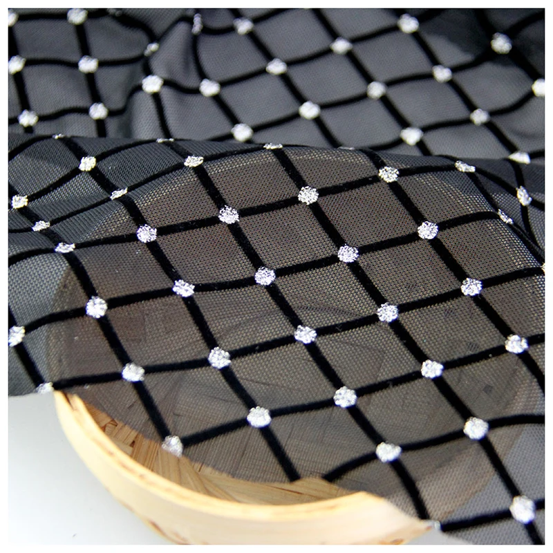 Hot Women Black Lace Dress Fabric Nylon Tulle Flocking Stretch Mesh Fabric - 图片 3