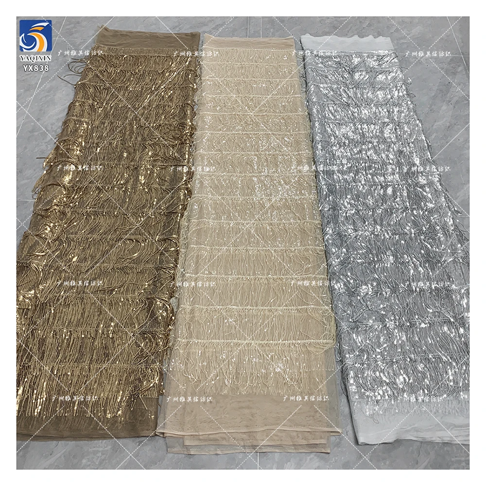 YX838 New Fashion 3mm Strip Embroidery Sequins Fabric Tassel Embroidery Skirt 3D Sequin Fabric for Dance Skirts Cheongsams - 图片 3