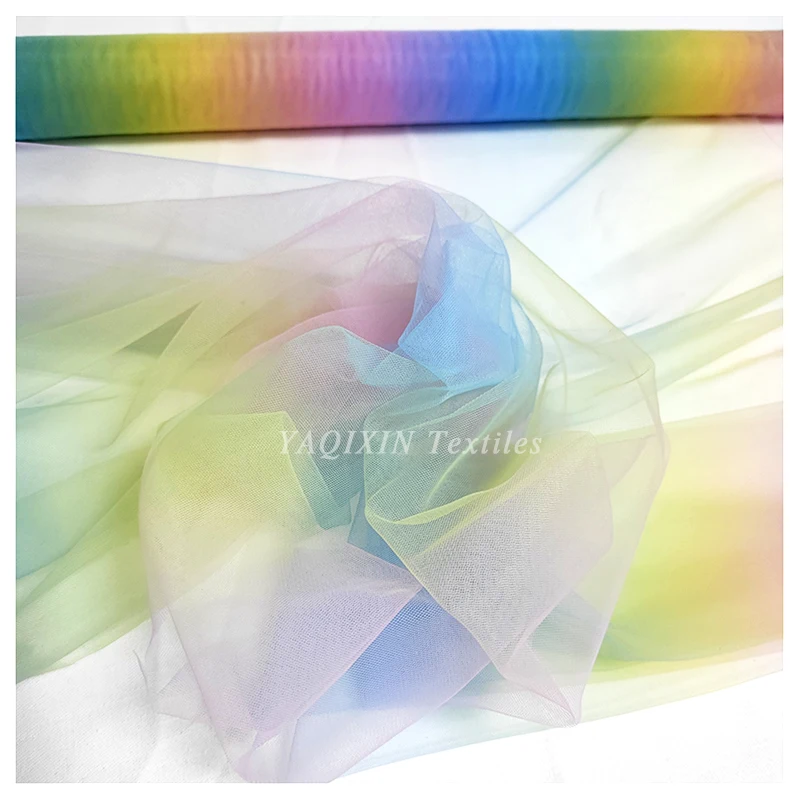 YX2105 Ecofriendly Soft Elastic Tulle Fabric Gradient Ombre 2 Way Stretch Rainbow Digital Print Tulle Mesh Fabric Textile - 图片 2