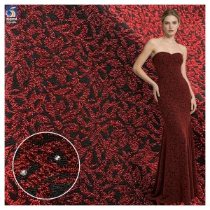YX1284 160gsm 100% Polyester Wholesale Wine Red Shiny Lurex Jacquard Fabric With 3D Rhinestones Arabic Dress Jacquard Fabric