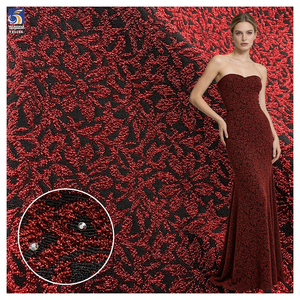 YX1284 160gsm 100% Polyester Wholesale Wine Red Shiny Lurex Jacquard Fabric With 3D Rhinestones Arabic Dress Jacquard Fabric