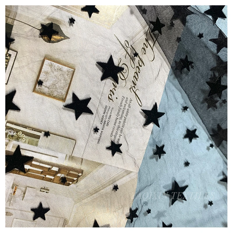 Deep Black Soft Tulle Mesh Fabric with Star Flocking Print for Women Dress Lining Fabric - 图片 4