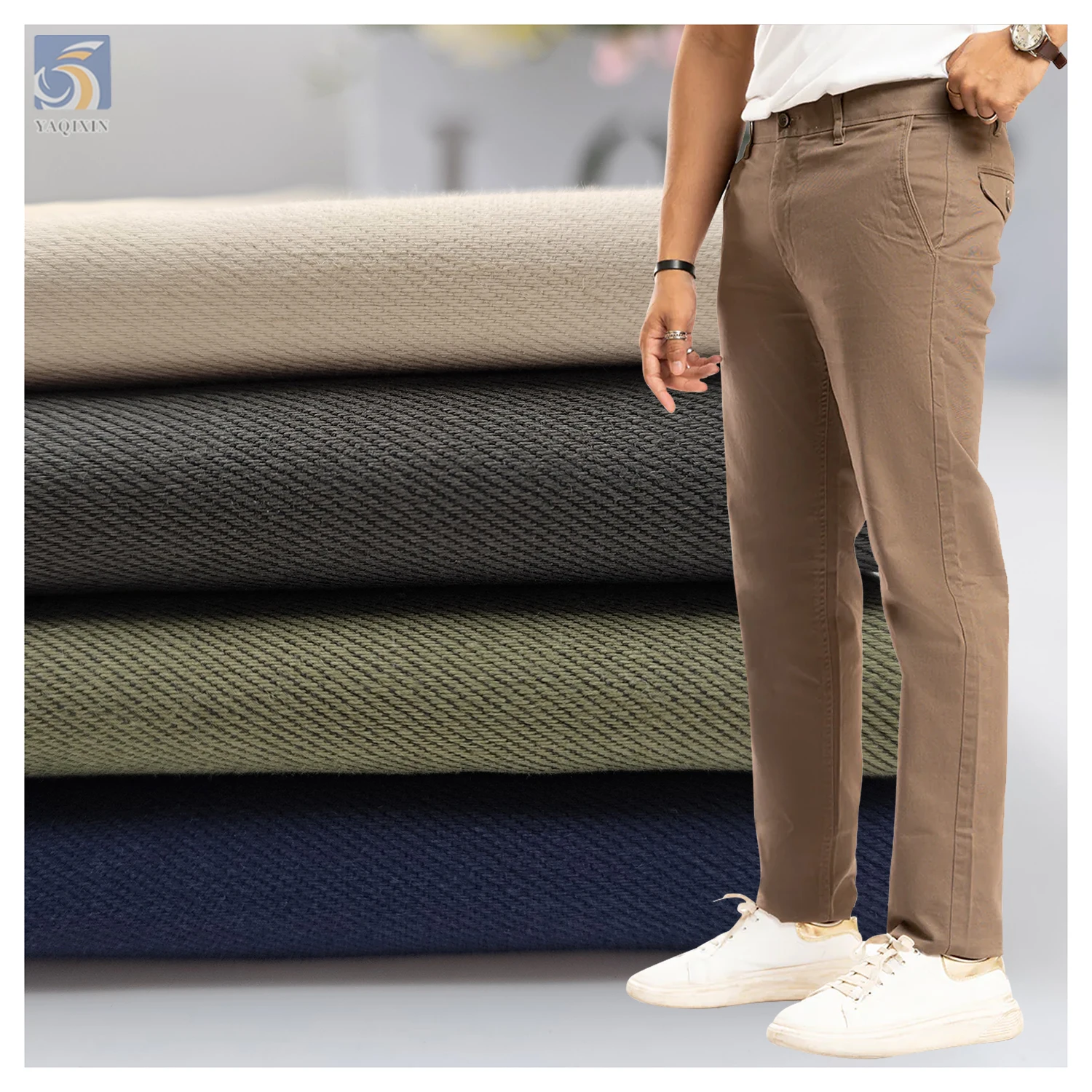 C262-1 Wholesale 220gsm Grass Green 68% Cotton 29% Polyester Blended Stretch TC Cotton Twill Fabric for Pants/Shirts