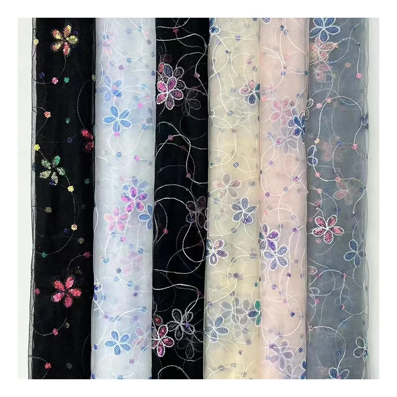 SCX001 Hot Selling Five Petal Flower Pink Sequin Fabric Embroidery Tulle Mesh Fabric Girl Clothing Fabric - 图片 5
