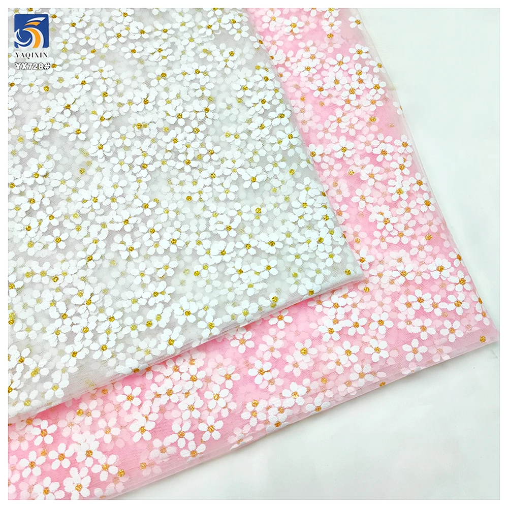 YX728 White Film Printing Florals Tulle Fabric White Floral Plum Blossom Printed Polyester Mesh Fabric for Dresses Pattern - 图片 6