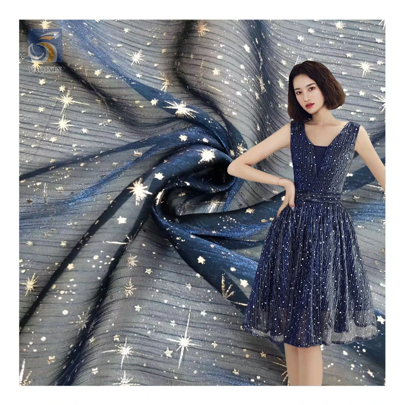 New Arrival Foil Printed Gold Meteor Star Organza Fabric Polyester Wrinkle Crepe Organza Printed Fabric - 图片 2