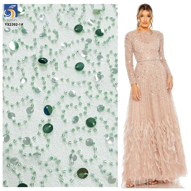YX2392-1 Wholesale African Crystal Sequin Dress Fabric Embroidered Tulle Bead Tube Lace for Girls' Wedding Dresses