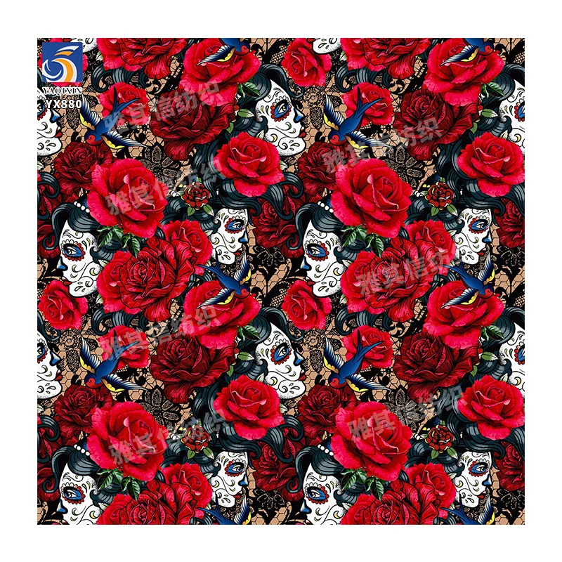 YX880 Quirky Custom Poly Digital Printed Holiday Fabric Rose Flower Clown Halloween Fantastic Style Printed Tulle Mesh Fabric