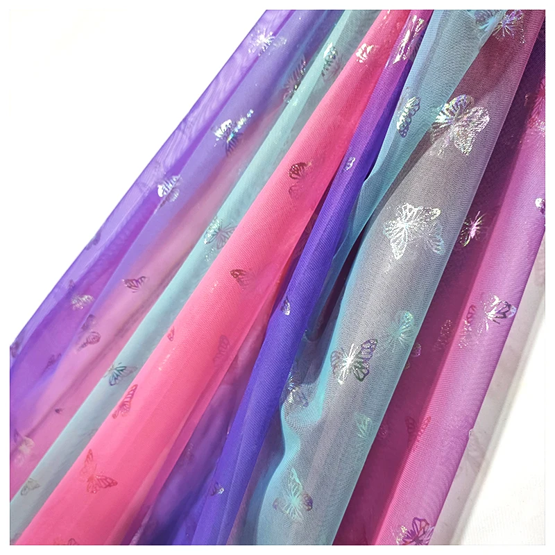 YX2048 New Arrival Pink Purple Butterfly Fabric Print Gradient Rainbow Soft Tulle Fabric for Tutu Dresses - 图片 6