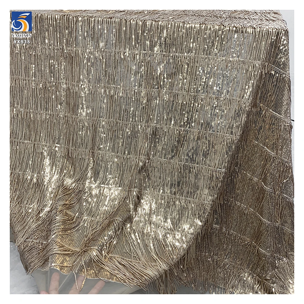 YX838 New Fashion 3mm Strip Embroidery Sequins Fabric Tassel Embroidery Skirt 3D Sequin Fabric for Dance Skirts Cheongsams - 图片 5