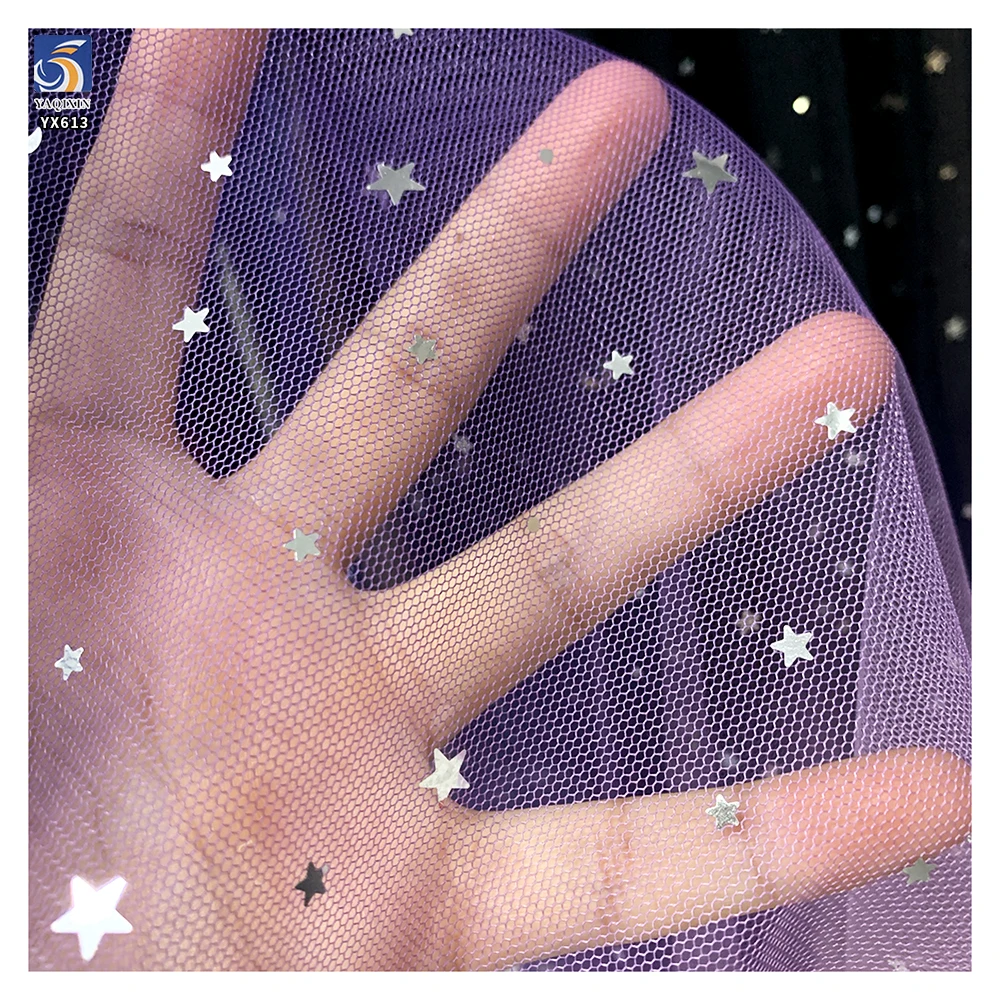YX613 Beautiful Dark Purple Polyester Ombre Gradient Sequin Princess Skirt Tulle Fabric With Star Sequins - 图片 5