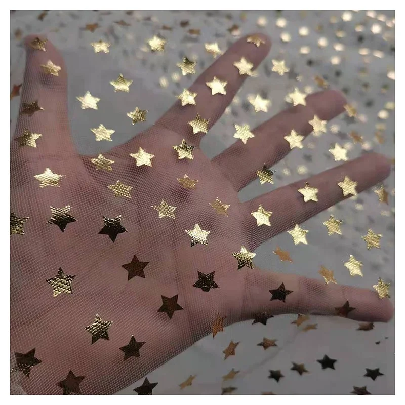 Golden Five-Pointed Star Pattern Bronzing Film Foil Tulle Mesh Fabric - 图片 3