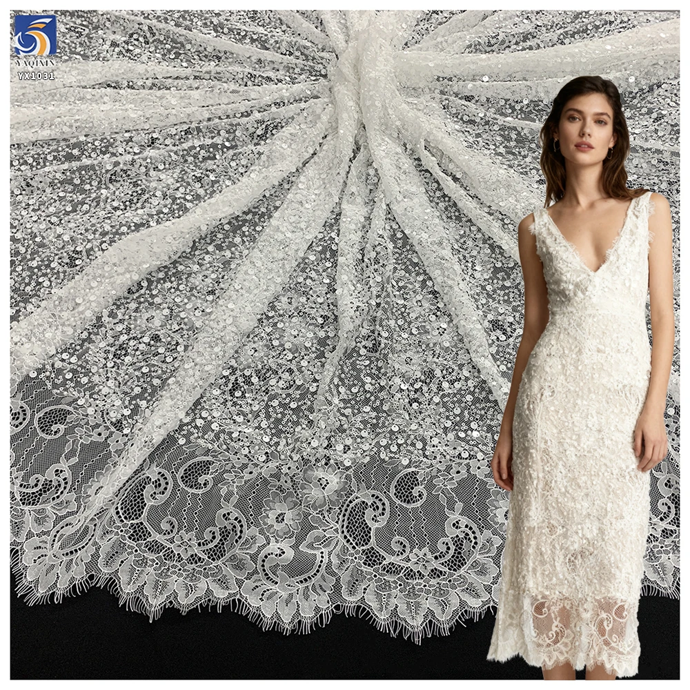 YX1031 7 Days Sample Custom Fabric Eyelash White Lace Fabrics 3D Beaded Sequins Wedding Eyelash Lace Fabrics Textiles