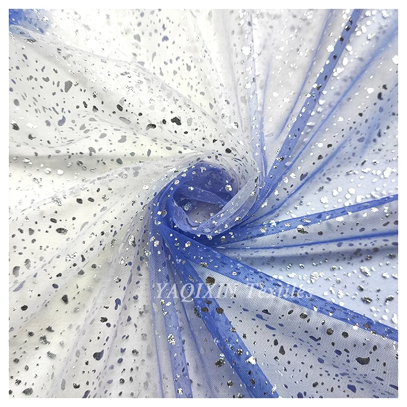 Blue White Ombre Tulle Mesh Knitted Digital Print Poly Fabric with Silver Glitter Dots Fabric Baby Girl Dress Skirt Fabric - 图片 3