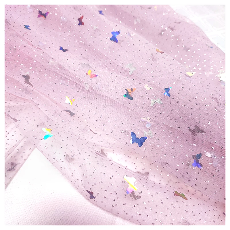 YX2092 YAQIXIN Design 2026 New Arrival Fabric Tulle Pink Shiny Metallic Butterfly Embroidery Sequin Lace Tulle Fabric - 图片 4