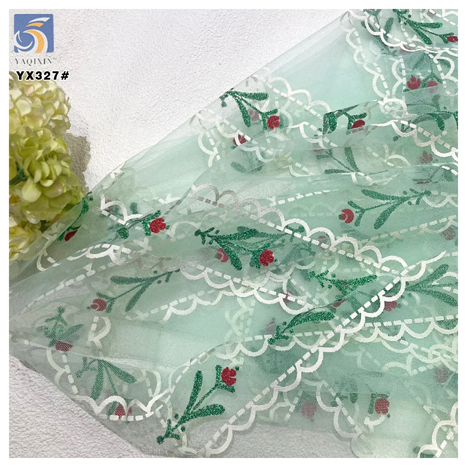 YX327 American Cartoon Snow Princess Anna Princess Skirt Fabric Glitter Print Polyester Soft Light Green Tulle Fabric - 图片 2